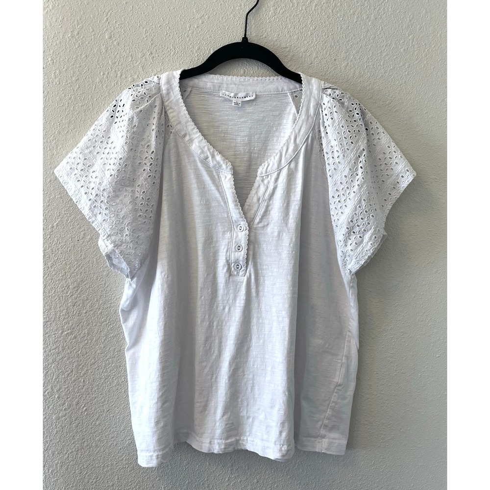 Jane & Delancey Women's Top Size L White Henley Eyelet Sleeves Boho Cottage